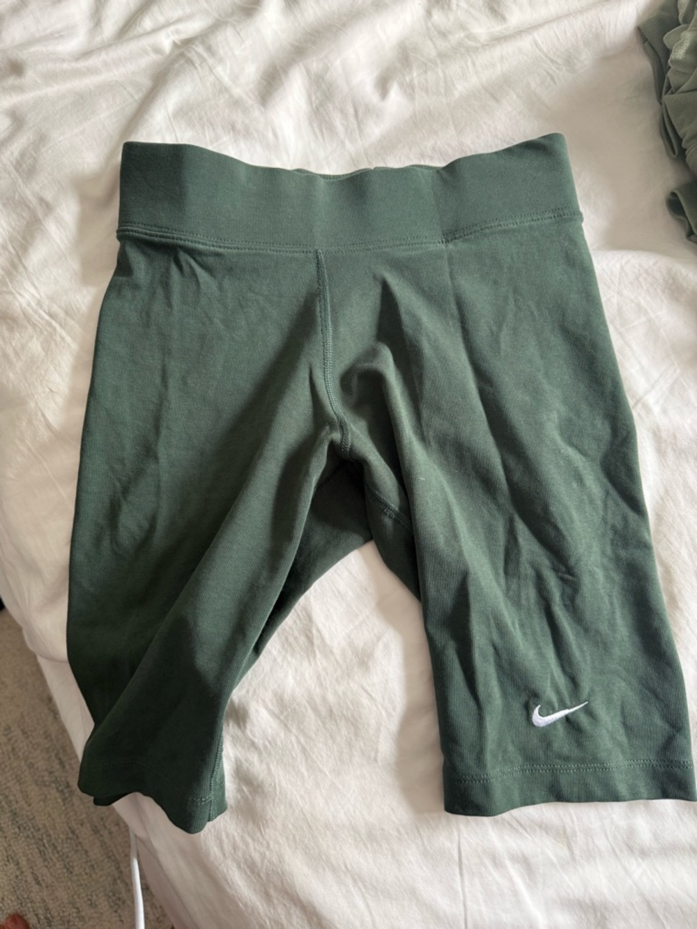 Nike Olive Green High-Waist Bike Shorts with White Swoosh